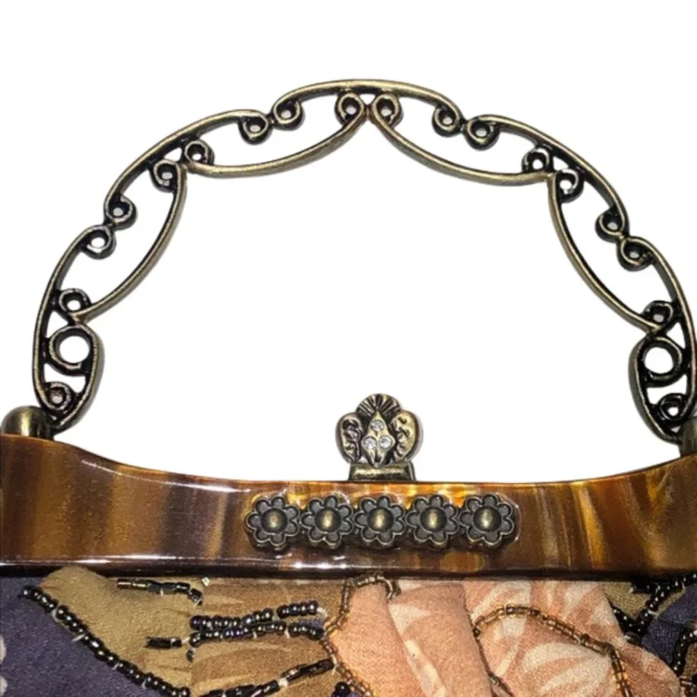 Vintage Floral Bag with Beaded Accents and Decorative Metal Handle and Clasp - Picture 4 of 13